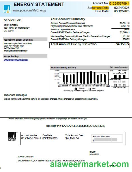 USA PG&E utility bill template in Word and PDF formats, version 2
